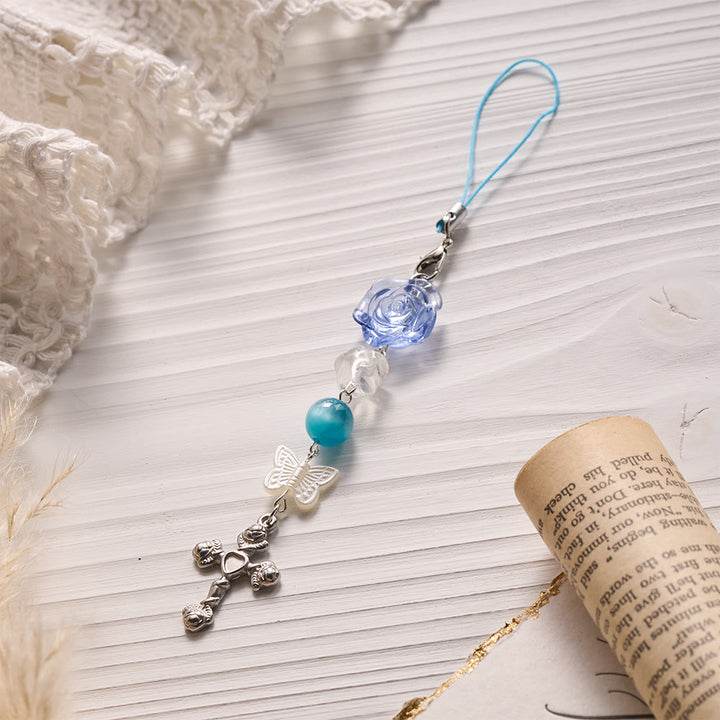 SolaceBeads Blue Rose Phone Charm, Butterfly &amp; Rose Cross: Divine Grace Blessing - image 1