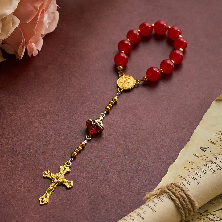 SolaceBeads Red Glass Pocket Rosary, Sacred Heart &amp; Crucifix: Divine Devotion - image 1