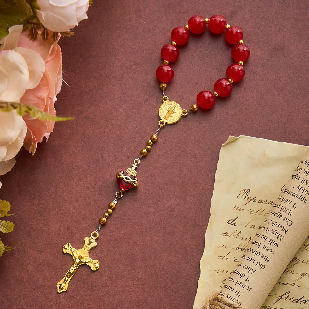 SolaceBeads Red Glass Pocket Rosary, Sacred Heart & Crucifix: Divine Devotion - Red - image 0