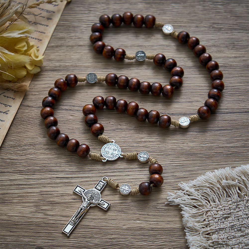 SolaceBeads Pine Wood Rosary With Benedict Medal Centerpiece &amp; Crucifix: Woven With Ancient Devotion - image 9