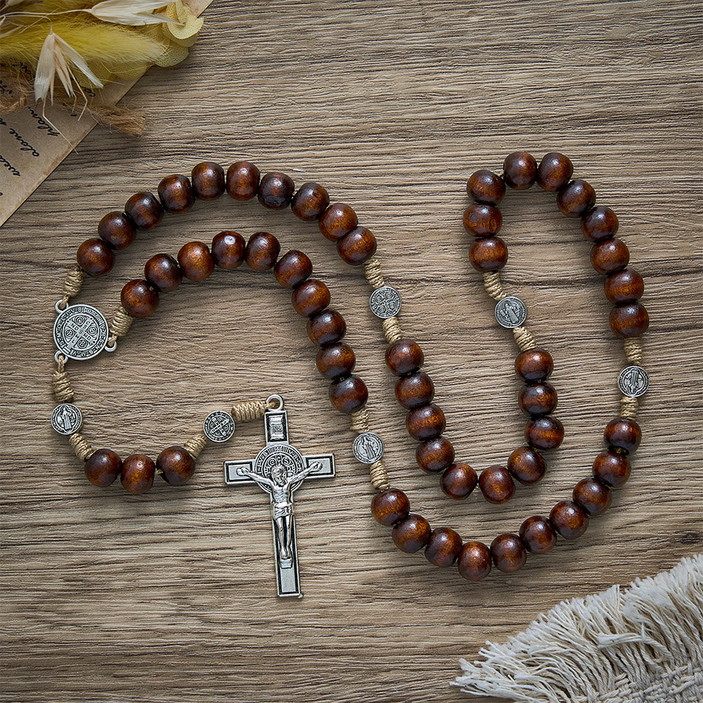 SolaceBeads Pine Wood Rosary With Benedict Medal Centerpiece &amp; Crucifix: Woven With Ancient Devotion - image 7