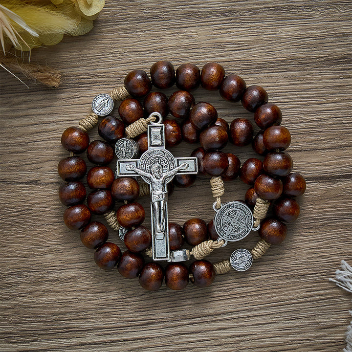 SolaceBeads Pine Wood Rosary With Benedict Medal Centerpiece &amp; Crucifix: Woven With Ancient Devotion - image 5