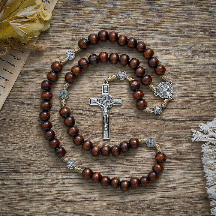 SolaceBeads Pine Wood Rosary With Benedict Medal Centerpiece &amp; Crucifix: Woven With Ancient Devotion - image 6