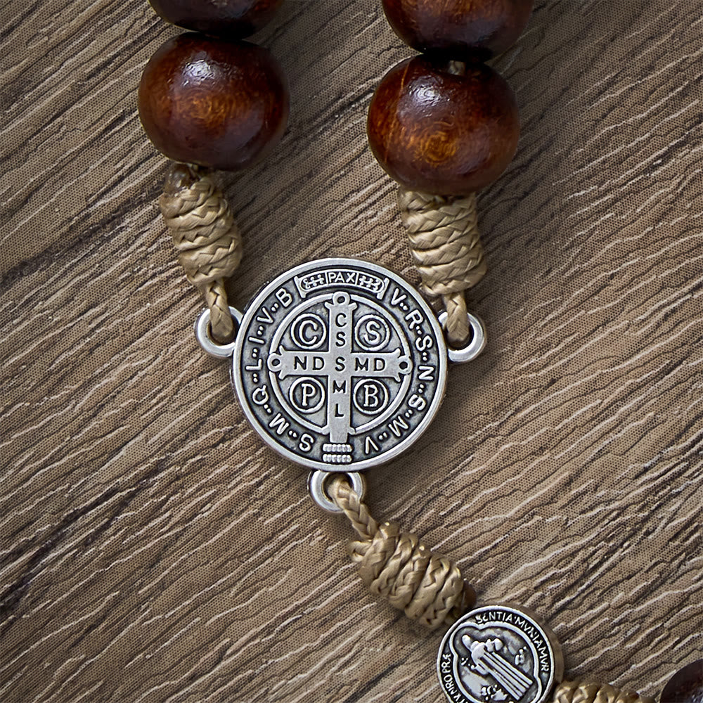 SolaceBeads Pine Wood Rosary With Benedict Medal Centerpiece &amp; Crucifix: Woven With Ancient Devotion - image 3
