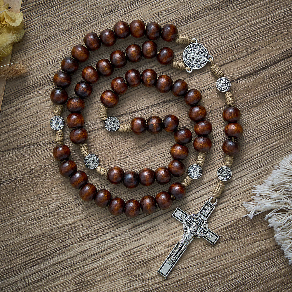 SolaceBeads Pine Wood Rosary With Benedict Medal Centerpiece & Crucifix: Woven With Ancient Devotion - Pine Wood - image 0