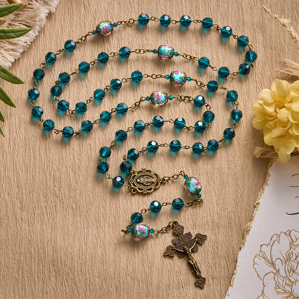 Solacebeads Peacock Blue Crystal Rosary With Miraculous Medal &amp; Crucifix: The Oceanic Grace - image 6