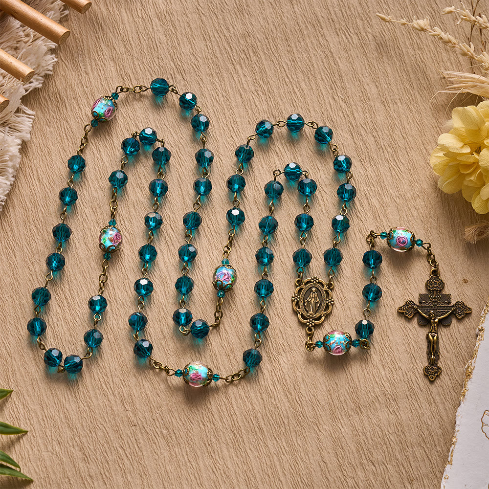 Solacebeads Peacock Blue Crystal Rosary With Miraculous Medal & Crucifix: The Oceanic Grace - Peacock Blue Crystal - image 0