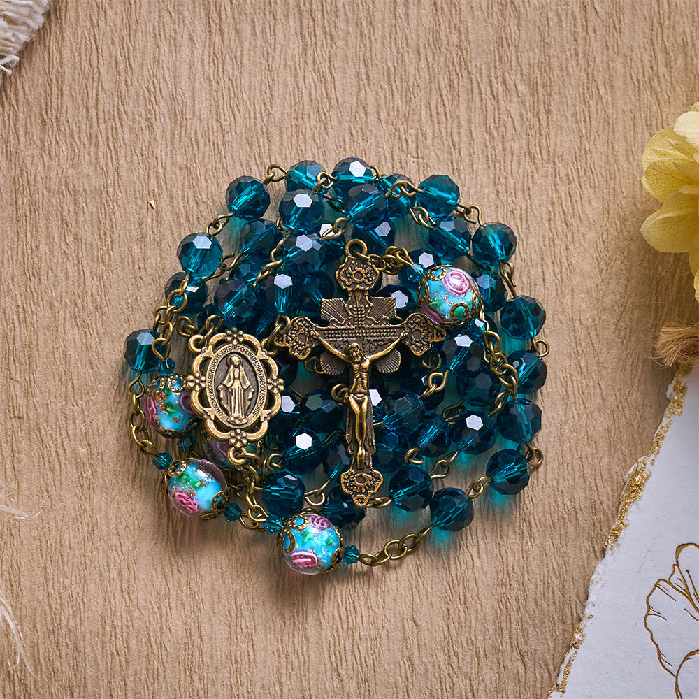 Solacebeads Peacock Blue Crystal Rosary With Miraculous Medal &amp; Crucifix: The Oceanic Grace - image 5