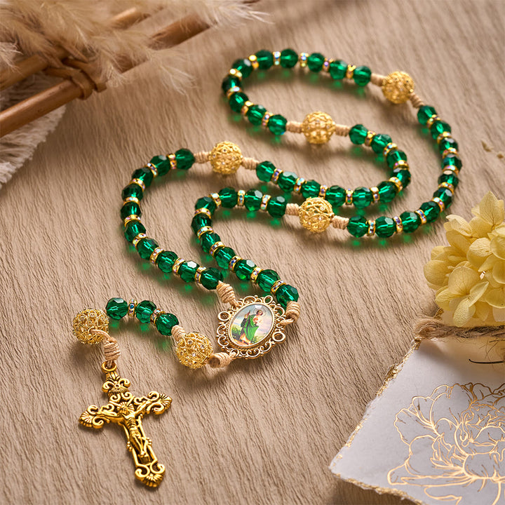 SolaceBeads Emerald Green Crystal Rosary with St. Jude Medal &amp; Crucifix: Blessed With Hopeful Grace - image 5