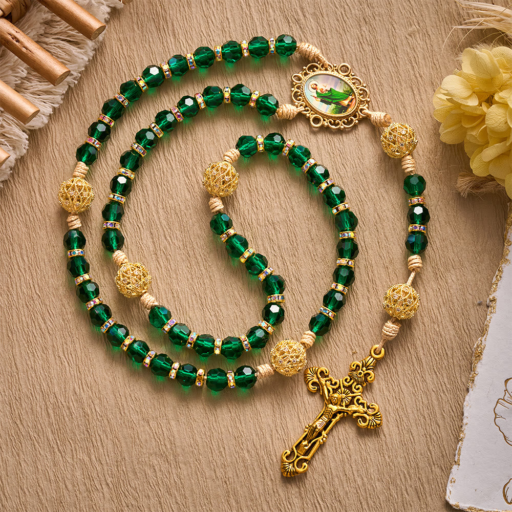 SolaceBeads Emerald Green Crystal Rosary with St. Jude Medal & Crucifix: Blessed With Hopeful Grace - Green Crystal - image 0