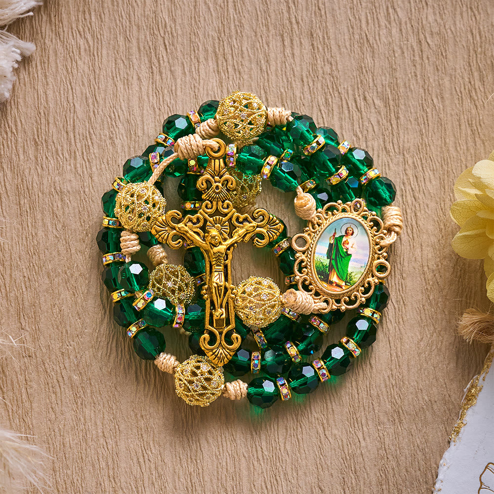 SolaceBeads Emerald Green Crystal Rosary with St. Jude Medal &amp; Crucifix: Blessed With Hopeful Grace - image 2