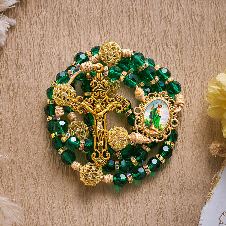 SolaceBeads Emerald Green Crystal Rosary with St. Jude Medal &amp; Crucifix: Blessed With Hopeful Grace - image 2