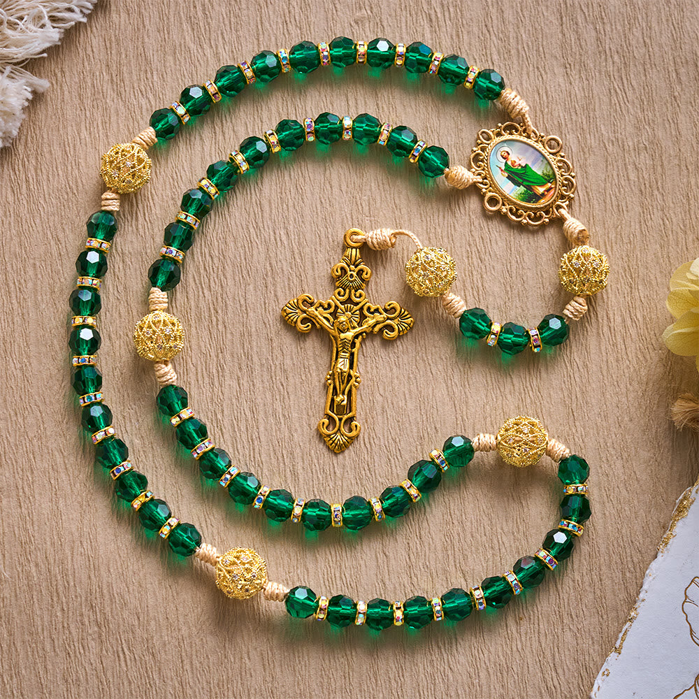 SolaceBeads Emerald Green Crystal Rosary with St. Jude Medal &amp; Crucifix: Blessed With Hopeful Grace - image 3
