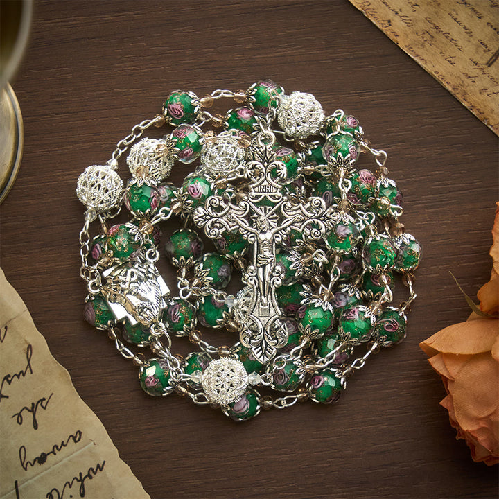 SolaceBeads Green Lampwork Rosary, Silver Filigree Beads, Holy Face Medal: Divine Grace - image 9