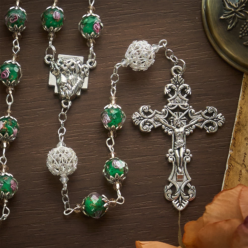 SolaceBeads Green Lampwork Rosary, Silver Filigree Beads, Holy Face Medal: Divine Grace - image 7