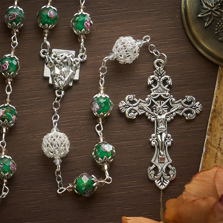 SolaceBeads Green Lampwork Rosary, Silver Filigree Beads, Holy Face Medal: Divine Grace - image 7