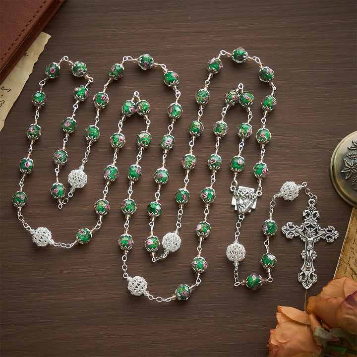 SolaceBeads Green Lampwork Rosary, Silver Filigree Beads, Holy Face Medal: Divine Grace - image 4