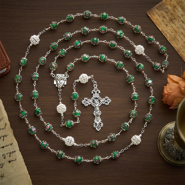 SolaceBeads Green Lampwork Rosary, Silver Filigree Beads, Holy Face Medal: Divine Grace - image 2