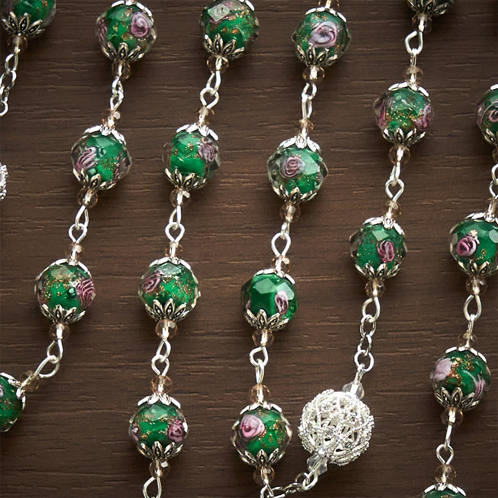 SolaceBeads Green Lampwork Rosary, Silver Filigree Beads, Holy Face Medal: Divine Grace - image 6