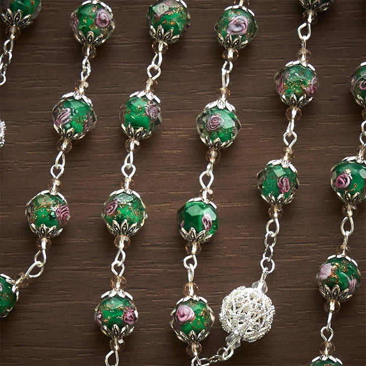 SolaceBeads Green Lampwork Rosary, Silver Filigree Beads, Holy Face Medal: Divine Grace - image 6