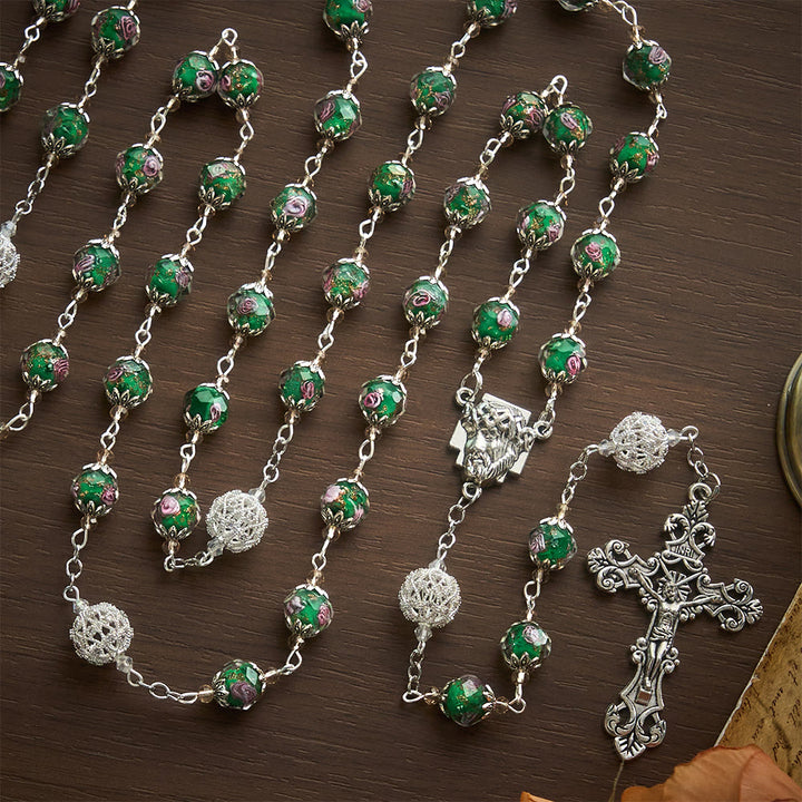SolaceBeads Green Lampwork Rosary, Silver Filigree Beads, Holy Face Medal: Divine Grace - image 5