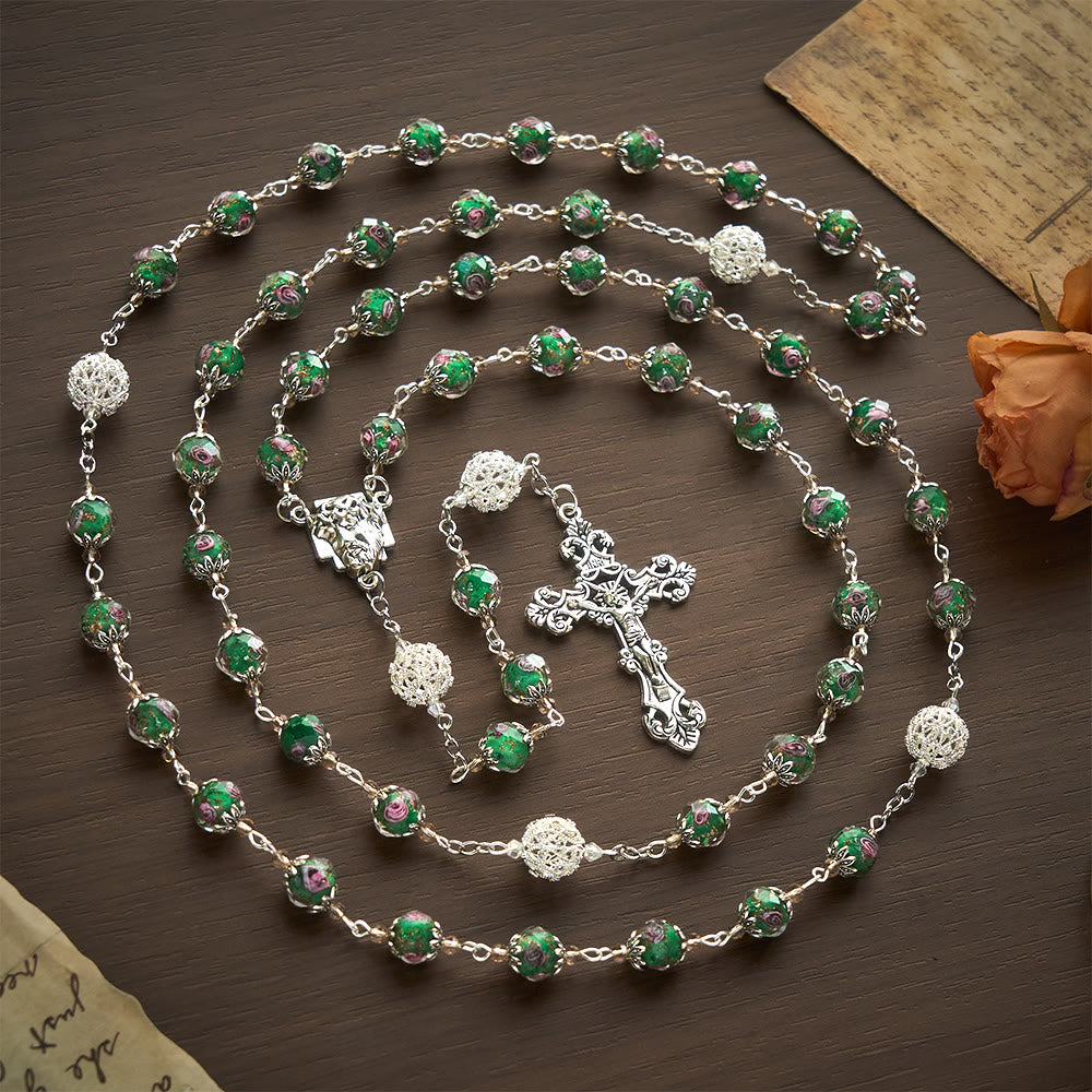 SolaceBeads Green Lampwork Rosary, Silver Filigree Beads, Holy Face Medal: Divine Grace - Green - image 0