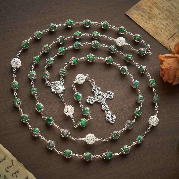 SolaceBeads Green Lampwork Rosary, Silver Filigree Beads, Holy Face Medal: Divine Grace - Green - image 0