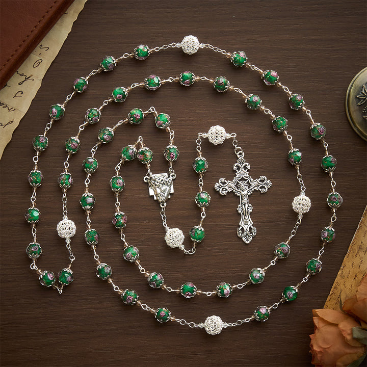 SolaceBeads Green Lampwork Rosary, Silver Filigree Beads, Holy Face Medal: Divine Grace - image 3