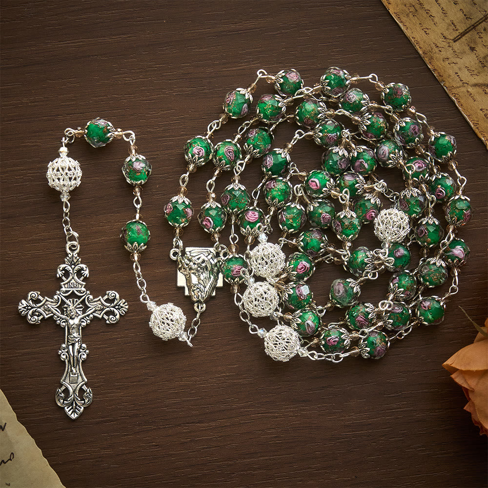 SolaceBeads Green Lampwork Rosary, Silver Filigree Beads, Holy Face Medal: Divine Grace - image 8