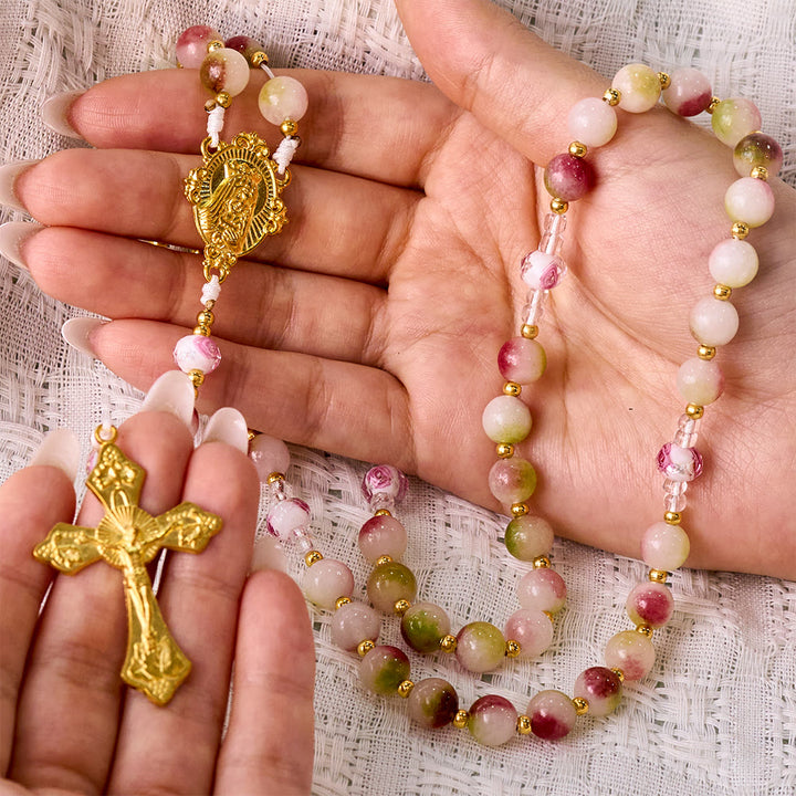 SolaceBeads Devotion Stone Rosary, Watermelon Tourmaline Beads, Floral Glass, Madonna Medal &amp; Crucifix - image 1