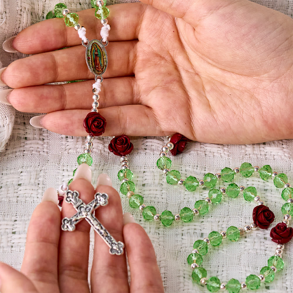 SolaceBeads Apple Green Crystal Rosary, Rose Beads, Guadalupe Medal: Gentle Light for Devotion - image 1
