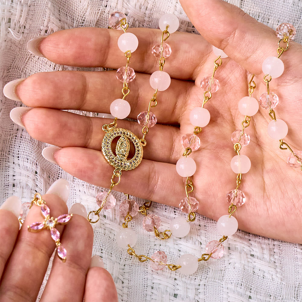 SolaceBeads Pink Crystal &amp; Jade Rosary, Guadalupe Medal, Rhinestone Cross: Soft Light In Prayer - image 1