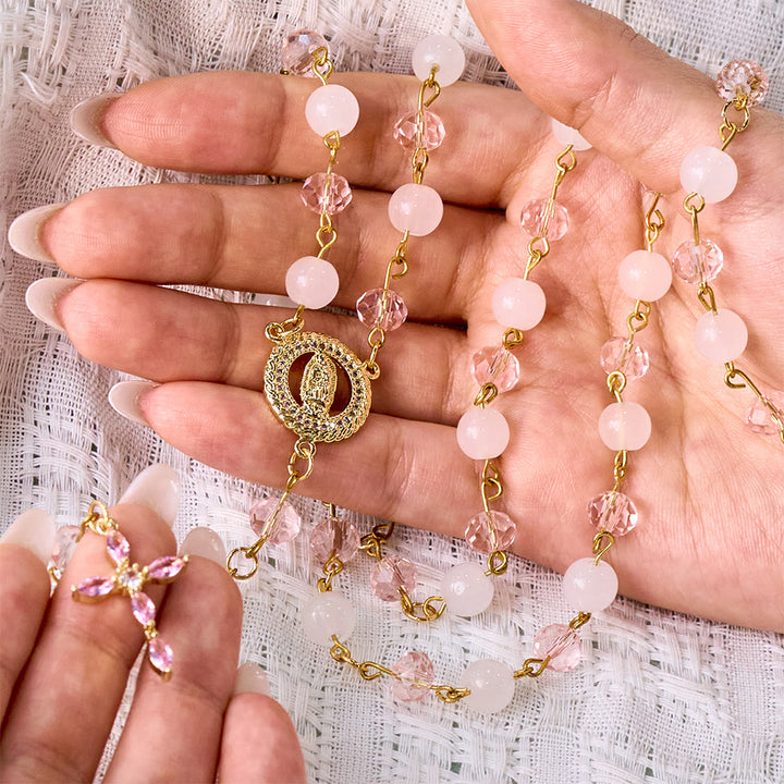 SolaceBeads Pink Crystal &amp; Jade Rosary, Guadalupe Medal, Rhinestone Cross: Soft Light In Prayer - image 1