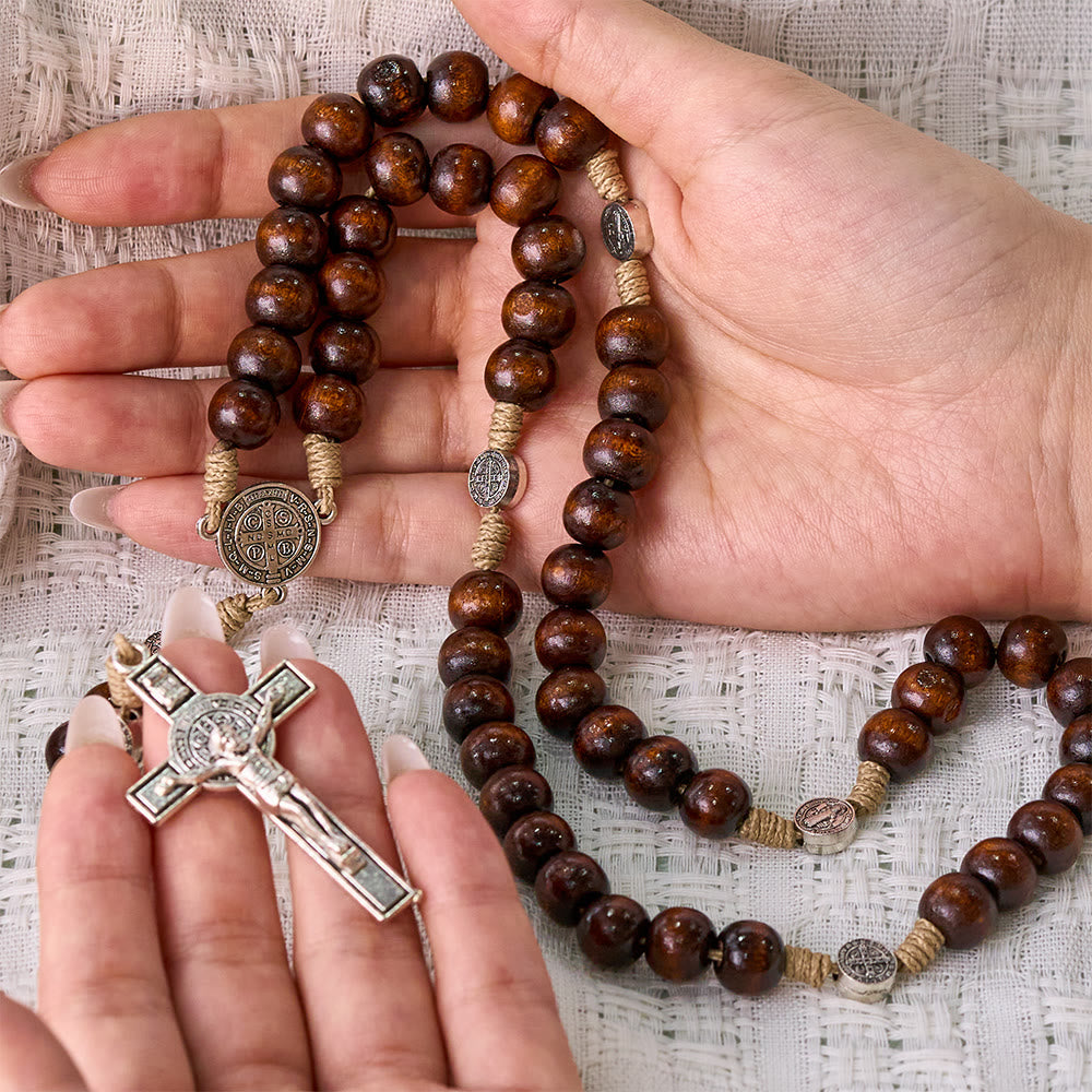 SolaceBeads Pine Wood Rosary With Benedict Medal Centerpiece &amp; Crucifix: Woven With Ancient Devotion - image 1