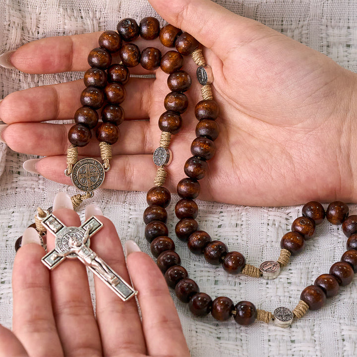 SolaceBeads Pine Wood Rosary With Benedict Medal Centerpiece &amp; Crucifix: Woven With Ancient Devotion - image 1
