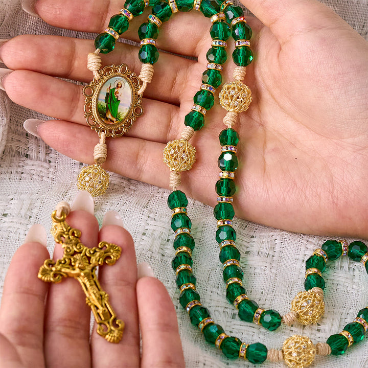 SolaceBeads Emerald Green Crystal Rosary with St. Jude Medal &amp; Crucifix: Blessed With Hopeful Grace - image 1