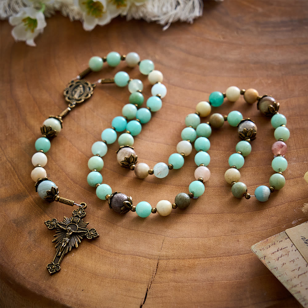 Solacebeads Amazonite Stone Rosary &amp; Antique Bronze Crucifix: Blessed With The Protection Of Maria - image 8