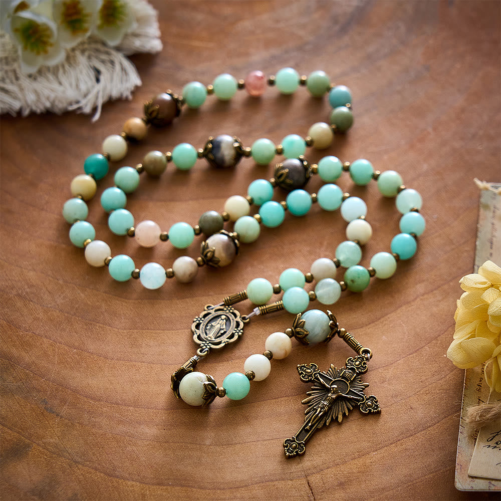 Solacebeads Amazonite Stone Rosary &amp; Antique Bronze Crucifix: Blessed With The Protection Of Maria - image 9