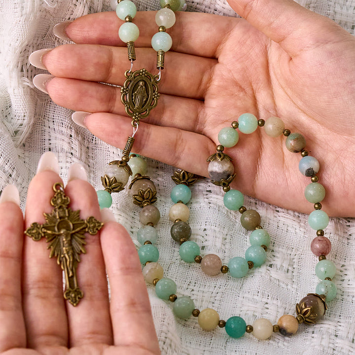 Solacebeads Amazonite Stone Rosary &amp; Antique Bronze Crucifix: Blessed With The Protection Of Maria - image 1