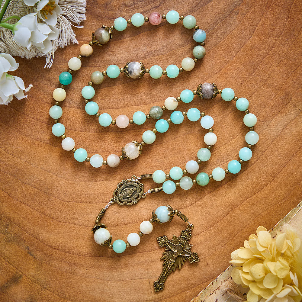 Solacebeads Amazonite Stone Rosary &amp; Antique Bronze Crucifix: Blessed With The Protection Of Maria - image 7