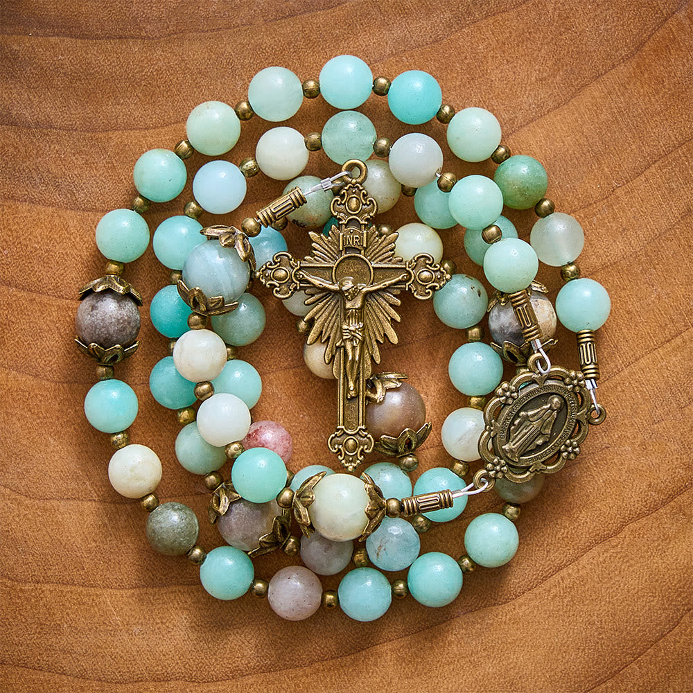 Solacebeads Amazonite Stone Rosary &amp; Antique Bronze Crucifix: Blessed With The Protection Of Maria - image 5