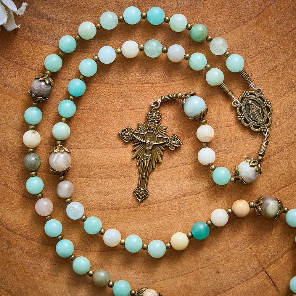 Solacebeads Amazonite Stone Rosary &amp; Antique Bronze Crucifix: Blessed With The Protection Of Maria - image 6