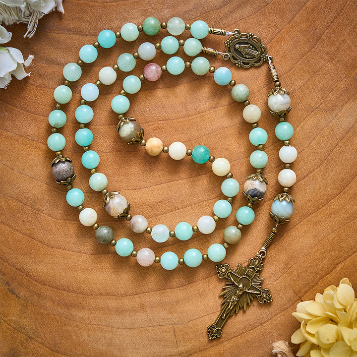 Solacebeads Amazonite Stone Rosary &amp; Antique Bronze Crucifix: Blessed With The Protection Of Maria - Amazonite - image 0