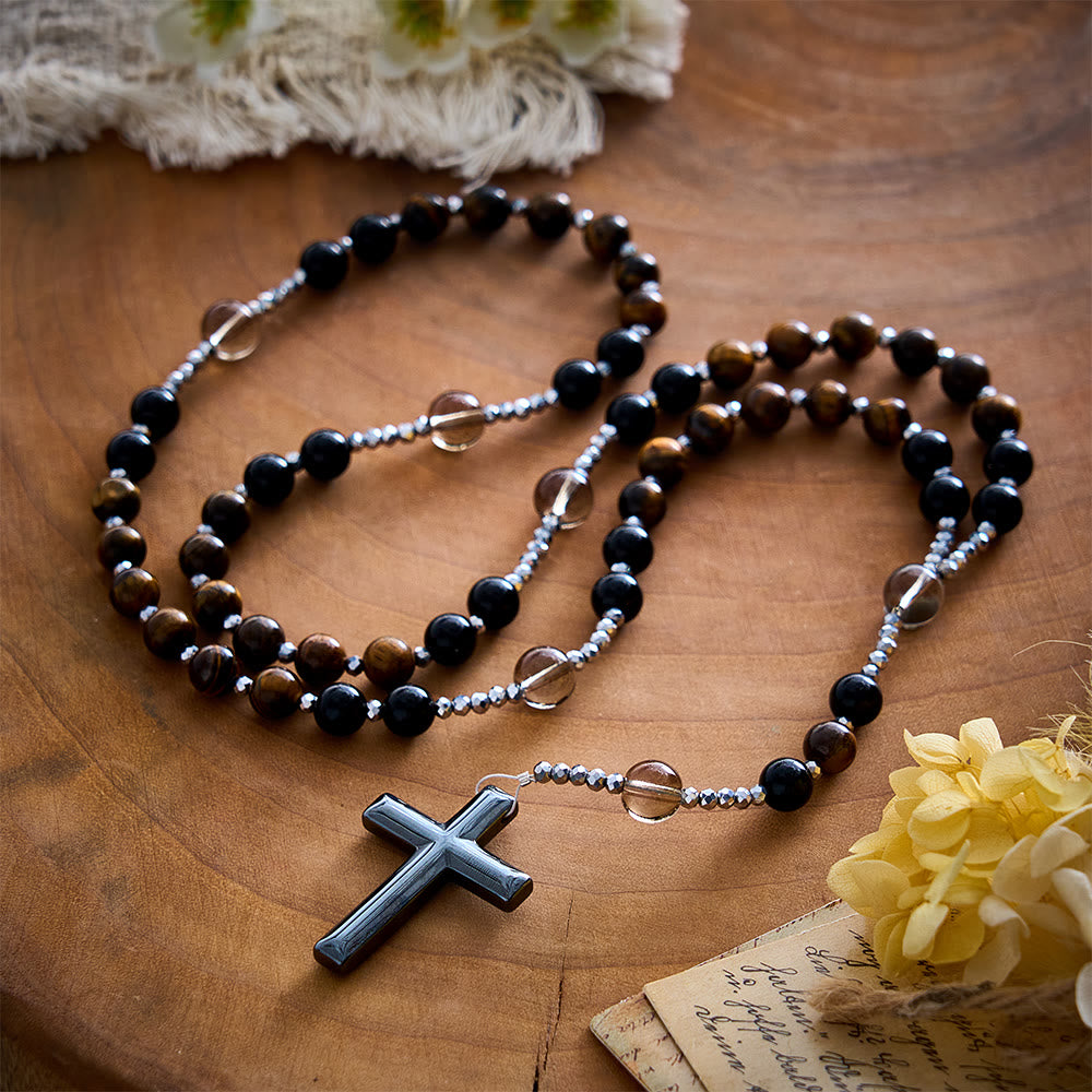 Solacebeads Tiger Eye, Obsidian Stone Rosary &amp; Hematite Cross: Unites Strength With Devout Faith - image 4
