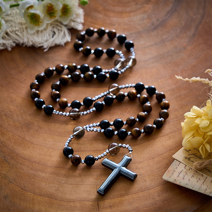 Solacebeads Tiger Eye, Obsidian Stone Rosary &amp; Hematite Cross: Unites Strength With Devout Faith - image 9