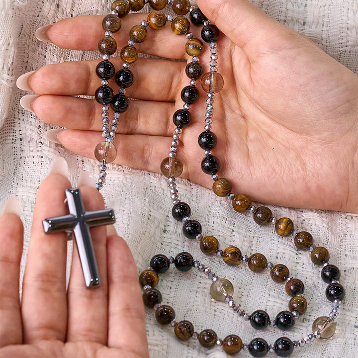 Solacebeads Tiger Eye, Obsidian Stone Rosary &amp; Hematite Cross: Unites Strength With Devout Faith - image 1