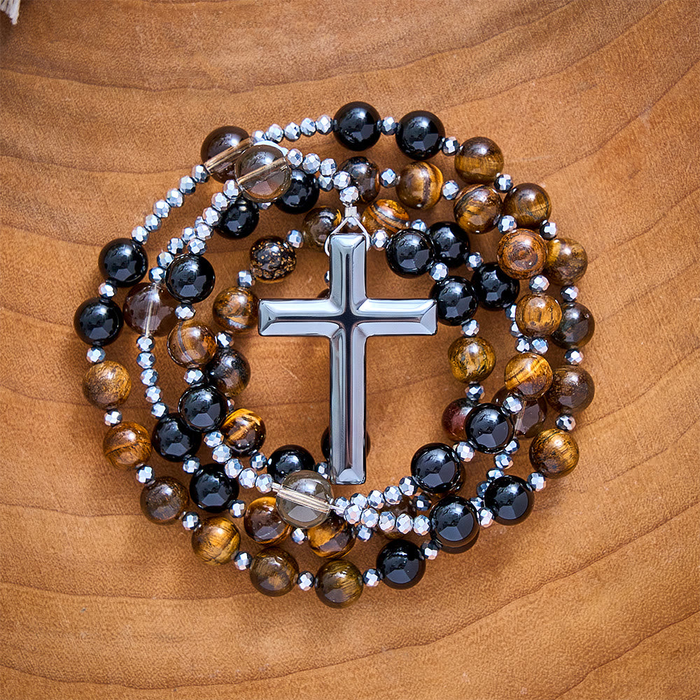 Solacebeads Tiger Eye, Obsidian Stone Rosary &amp; Hematite Cross: Unites Strength With Devout Faith - image 6