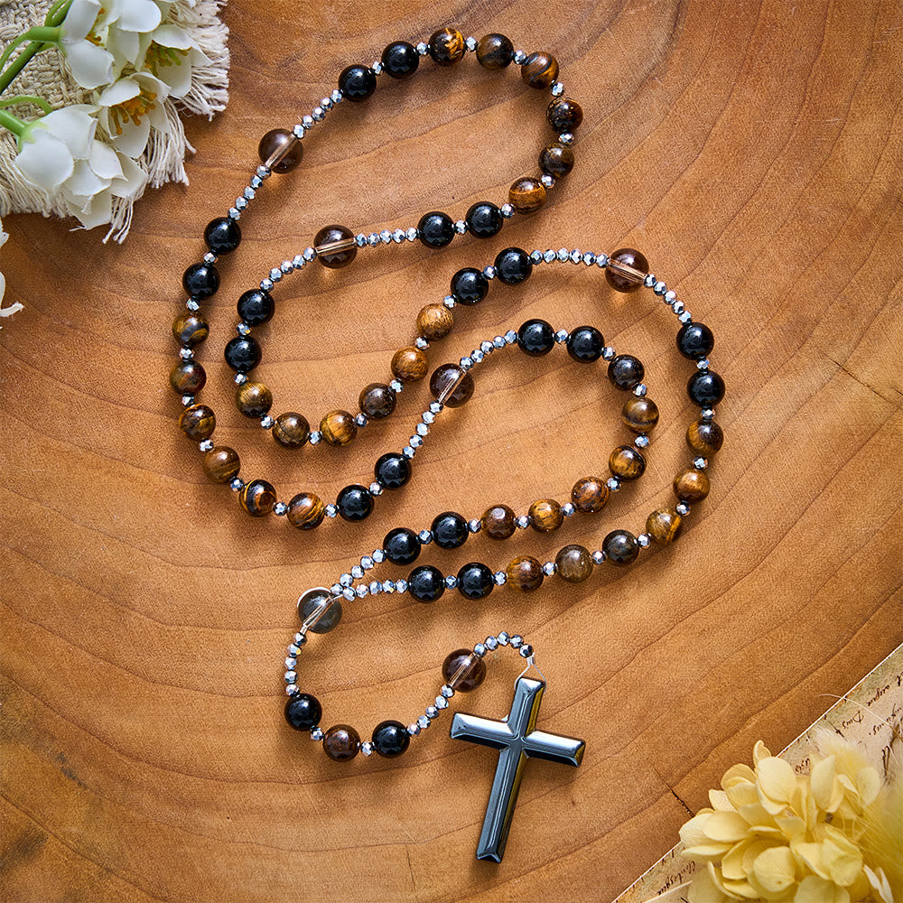 Solacebeads Tiger Eye, Obsidian Stone Rosary &amp; Hematite Cross: Unites Strength With Devout Faith - image 8