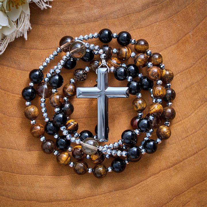 Solacebeads Tiger Eye, Obsidian Stone Rosary &amp; Hematite Cross: Unites Strength With Devout Faith - image 5