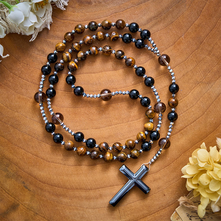Solacebeads Tiger Eye, Obsidian Stone Rosary &amp; Hematite Cross: Unites Strength With Devout Faith - Tiger Eye &amp; Black Obsidian - image 0
